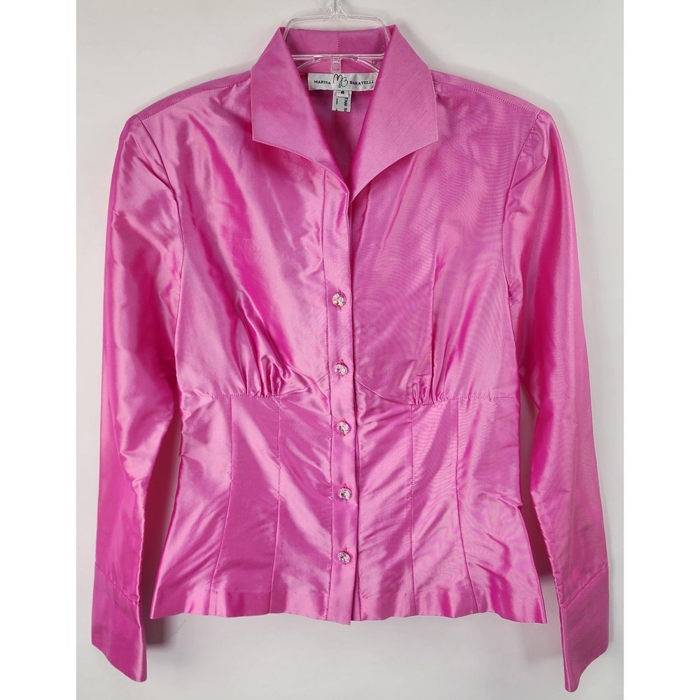 Marisa Baratelli 100% Thai Silk Button Up Blouse Women's 6 Pink Cummerbund Back